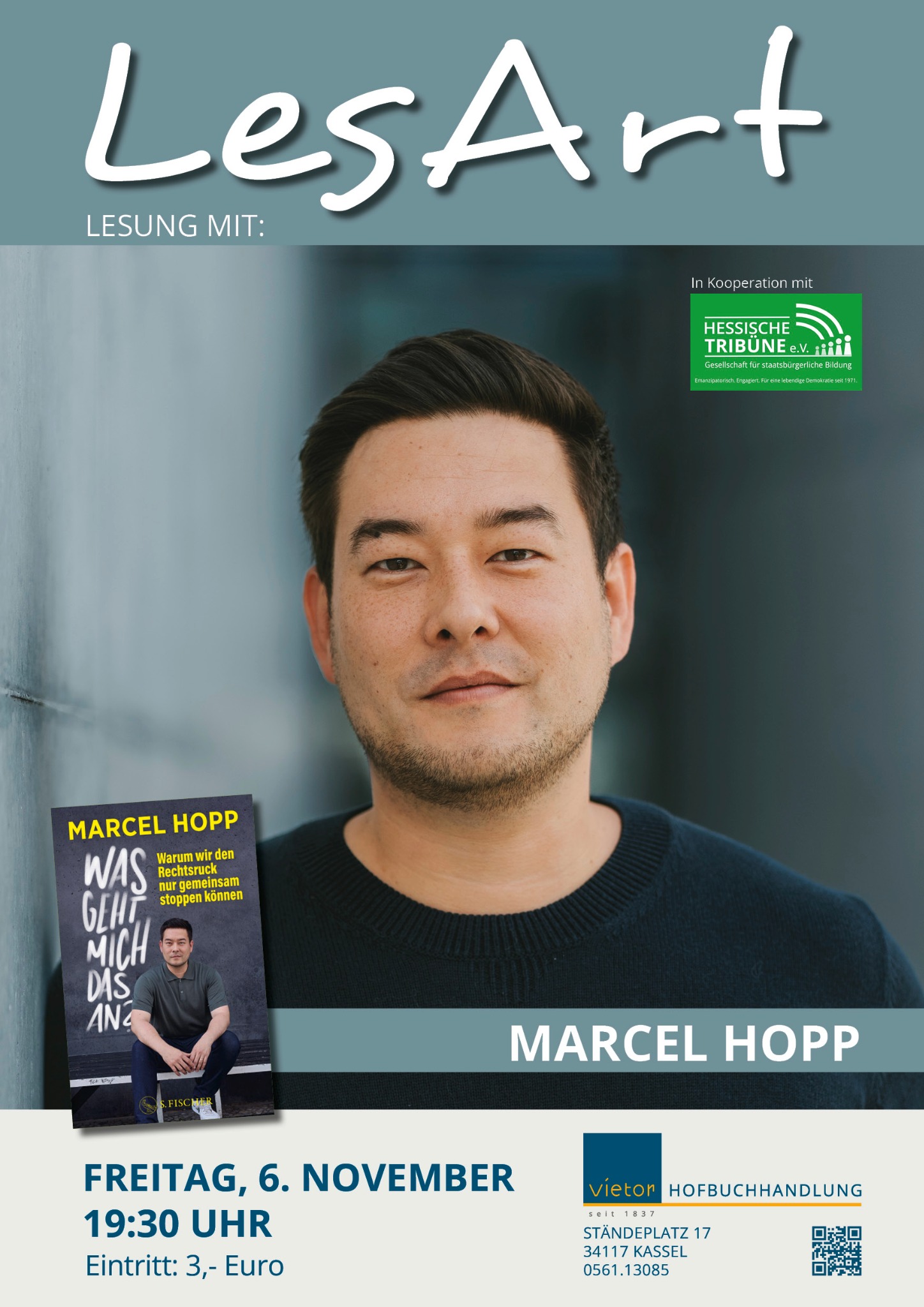 Veranstaltungsplakat zur Lesung mit Marcel Hopp am 6. November 2026 in der Hofbuchhandlung Vietor